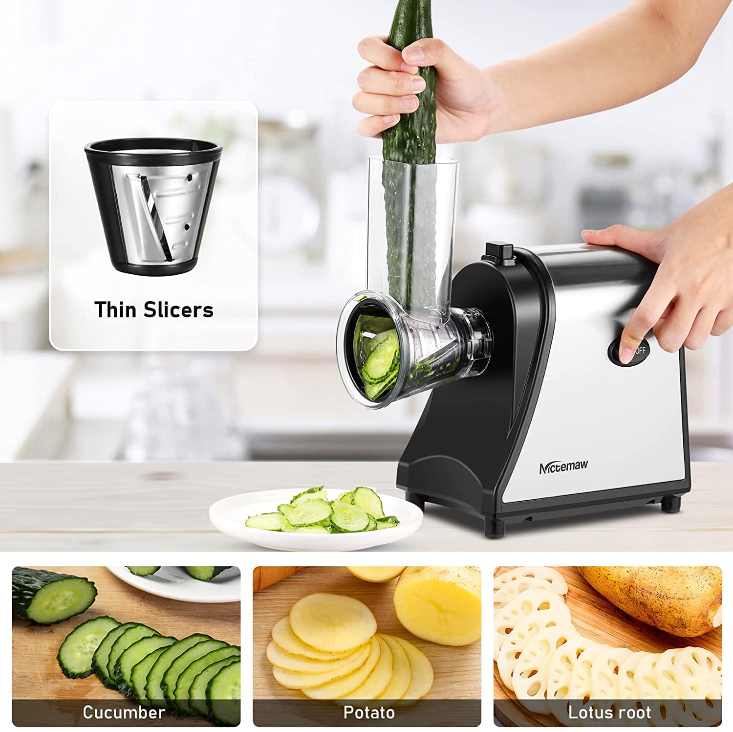 5-in-1 Electric Cheese Grater with 5 Blades – 250W One-Touch Shredder & Vegetable Slicer for Block Cheese, Fruits, Nuts