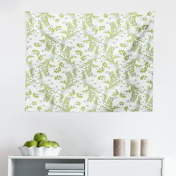 Flower Tapestry, Classy Spring Floral Narcissus Branch Pattern with Dots and Line Artwork, Fabric Wall Hanging Decor for Bedroom Living Room Dorm, 2 Sizes, Yellow Khaki Cream, by Ambesonne