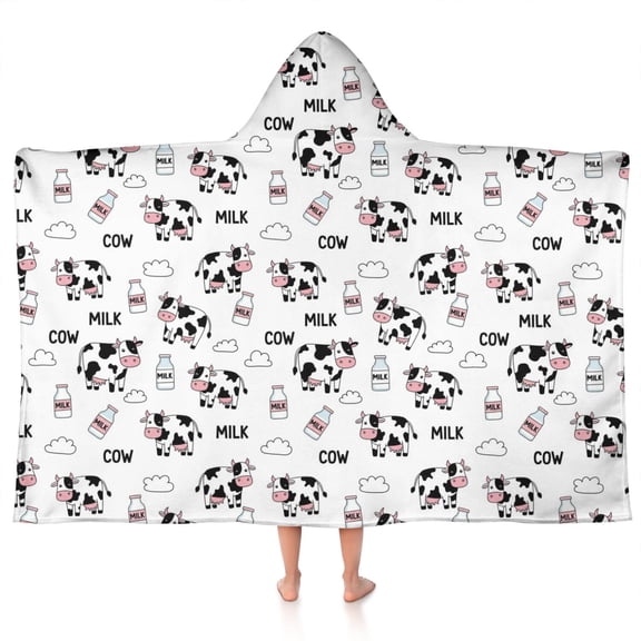 White Cow Milk Cow Pattern Hooded Bath Towel,50"x30" for Ages 3 To 12 Kids, Quick Dry Lightweight Soft Microfiber Hood Beach Towel Cover Up for Kids