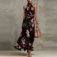 thumbnail image 4 of BODOAO Maxi Dresses for Women Floral Halter Neck Sleeveless Chiffon Pleated Long Dress, Flowy Summer Wedding Guest Outfit for Beach Vacation and Special Events Black L, 4 of 7