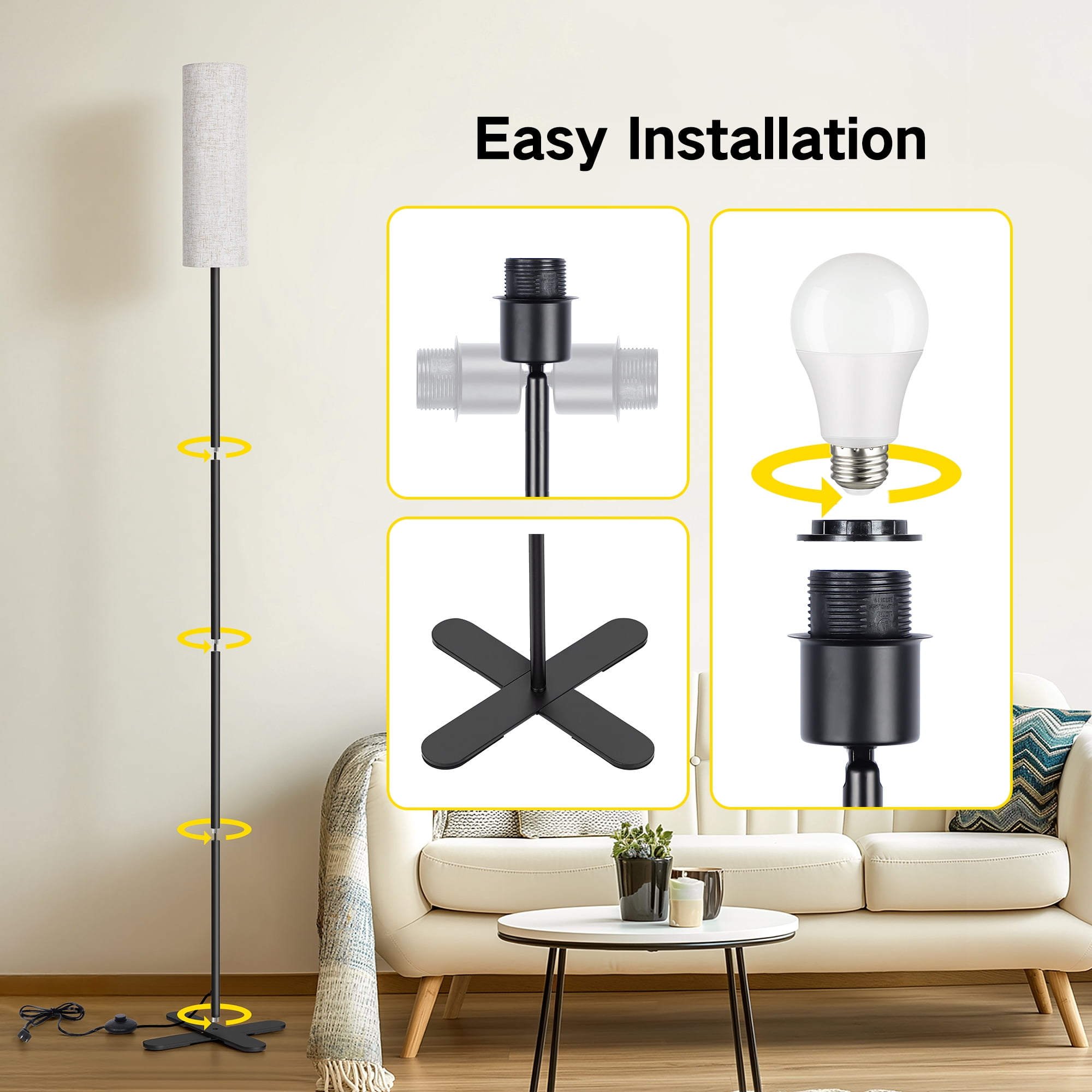 OUTON  Floor Lamps for Living Room Clearance, Dimmable, Minimalist Pole Lighting for Bedroom, Office, Kids Room, Bulb Included,  Black