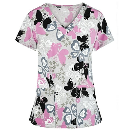 

Women s Scrubs Top with Pocket V-Neck Cartoon Printed Casual Short Sleeve Working Uniform Top Nurses Tunic Uniform Clinic Carer V-Neck Protective Clothing Tops White L