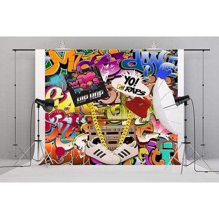 HelloDecor Polyster 7x5ft 90th Photography Backdrop Hip Hop 90's Party Decoration Photo Booth Props