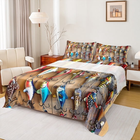 jejeloiu Fishing Lures Full Size Sheets,Underocean Animal Bed Sheets,Watercolor Fish Sheet Sets,Ultra Soft Bedroom Decoration,4-Piece