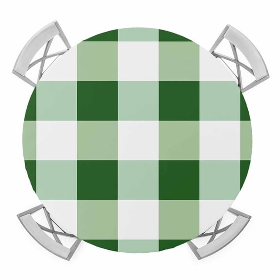 Elastic Fitted Round Tablecloth, Green Plaid Waterproof Stretch Table Cover for 55"-60" Tables, Spring Summer Farmhouse Buffalo Checkered Washable Outdoor Tablecloths for Patio, Picnic, Camping