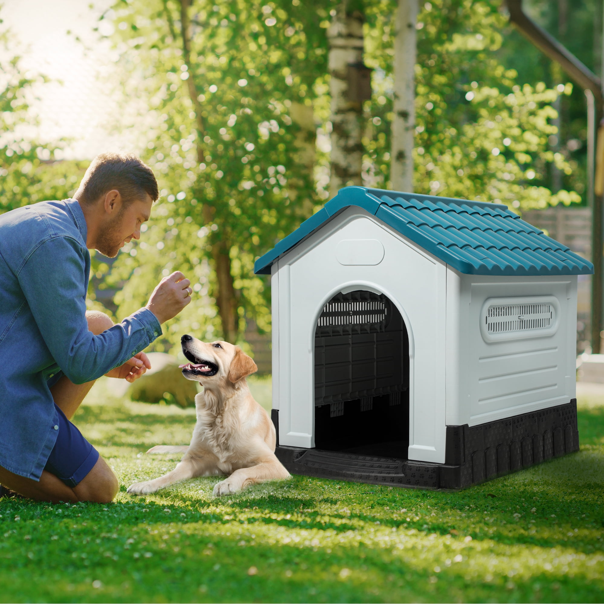 Dextrus Folding Large Dog House Outdoor Plastic Doghouse with Adjustable Skylight and Elevated Base Water Resistant Pet House for Small, Medium, and Large Dogs
