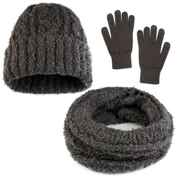 MOVSOU 3 Pieces Winter Beanie Hat Gloves Scarf for Men and Women, Knit Fleece Lined Warm Gloves Beanie Scarf Set, Gray