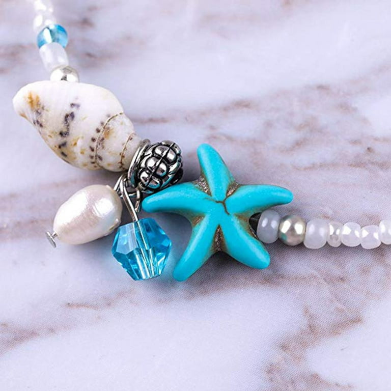 Hawaiian Jewelry Sea Glass Necklace, Teal Handmade Necklace Pearl Starfish Necklace Beach Jewelry for Girls Sea Glass Jewelry for Women