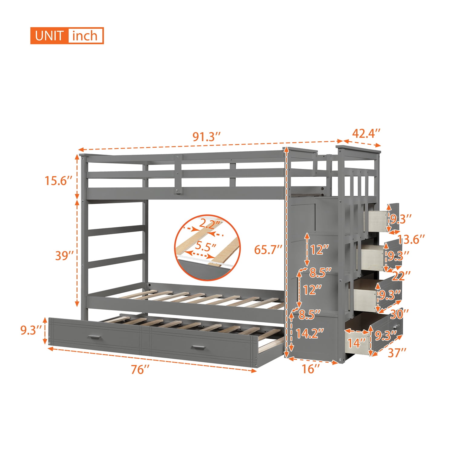Kepooman Twin Over Twin Solid Wood Bunk Bed with Trundle & Staircase & Drawers for Bedroom, Gray Kepooman Twin Over Twin Solid Wood Bunk Bed with Trundle & Staircase & Drawers for Bedroom, Gray