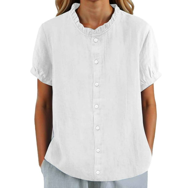 Camiseta de mujer de cuello redondo, cuello alto y botones, manga corta, lisa, con adornos florales, informal/versátil para cualquier estación