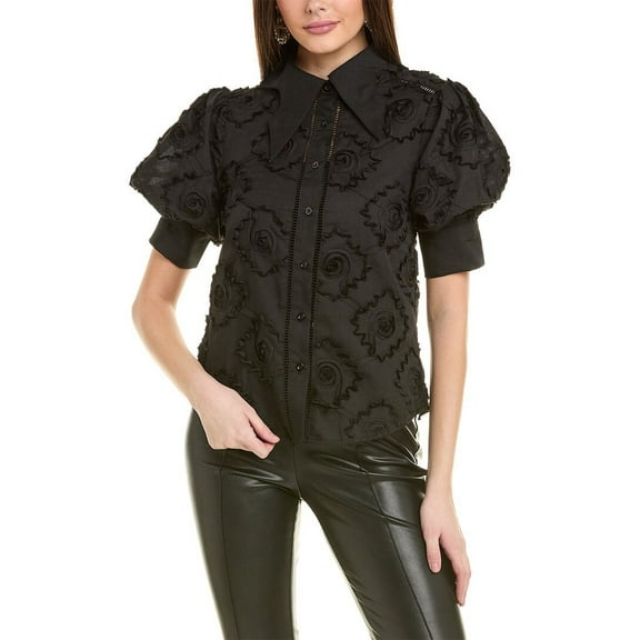 Gracia womens  Wing Collar Circle Embroidered Top, m, Black