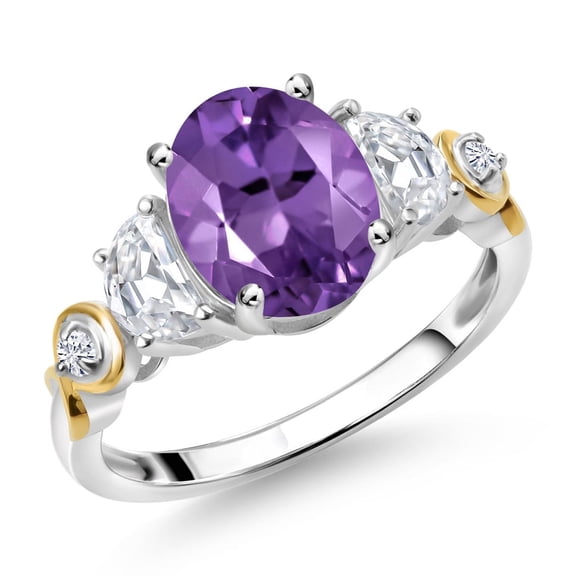 Gem Stone King 925 Silver and 10K Yellow Gold 3-Stone Ring Oval Purple Amethyst and Moissanite (2.10 Cttw, Size 5)
