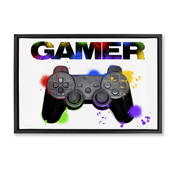 Stupell Industries Contemporary Gamer with Rainbow Splashes Black Floating Frame Canvas Art, 25 x 17, by Marcus Prime