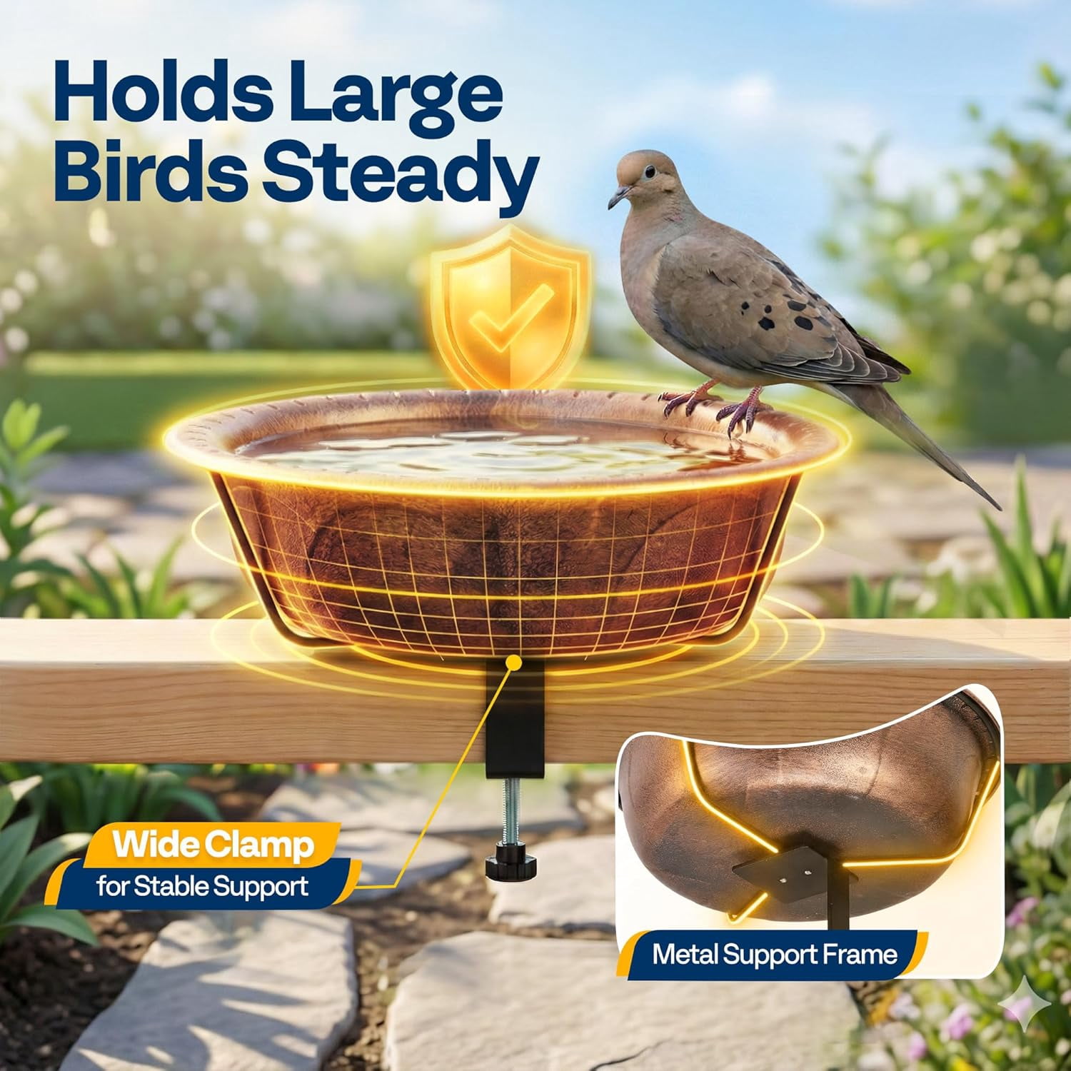 SPECSTAR Deck Mounted Bird Bath for Outside, Weather-Resistant ABS Bird Bath and Feeder with Adjustable Metal Clamp for Railing, Fence, Balcony, 1.45 Gallons, Bronze