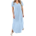 thumbnail image 2 of Vibrex Summer Dresses for Women Plus Size Women Fashion Casual Solid Color Summer Spring V-Neck Short Sleeved Pocket Dress Vacation Maxi Sundress Light Blue_XL, 2 of 6