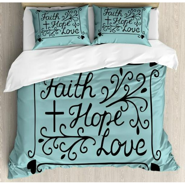 Hope King Size Duvet Cover Set Hand Lettering Spiritual Faith Hope Love Quote With Floral Arrangement