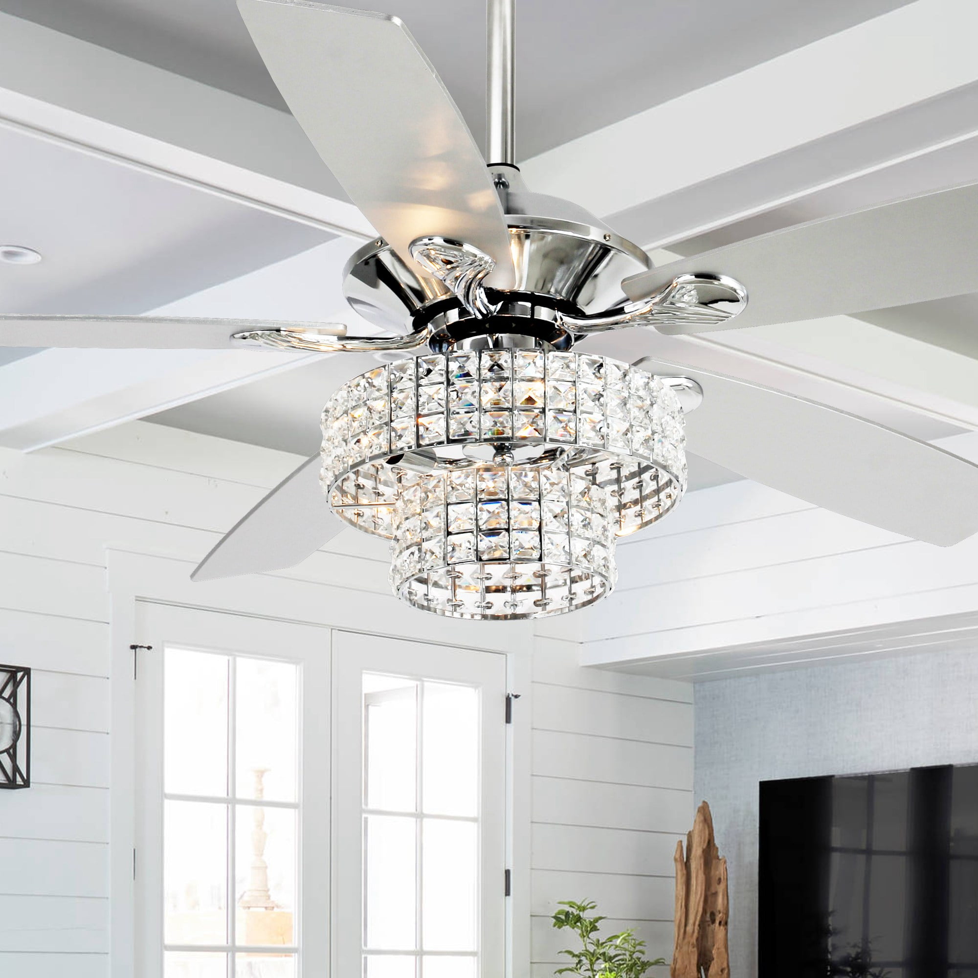 Parrot Uncle 52 Inch Ceiling Fan with Lights, Remote Control, Crystal Chandelier, Chrome, Reversible Motor