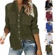 thumbnail image 4 of Mujeres Blusa de manga larga color puro cierre botón Turn Down Collar V cuello camisa Tops con bolsillos, 4 of 6