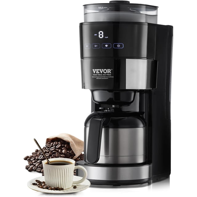 VEVOR Cafetière avec Moulin, Machine à Café 8 Tasses, Cafetière à Moudre et Infuser avec 3 Réglages de Force d'Infusion, Cafetière à Filtre avec Mouture Réglable, pour Maison Bureau Restaurant