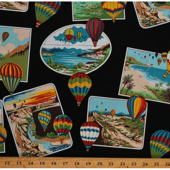 Cotton Hot Air Balloons Photographs Travel Postcards Frames on Black Nicole's Prints Rally Scrapbook Cotton Fabric Print by the Yard (8722-B)