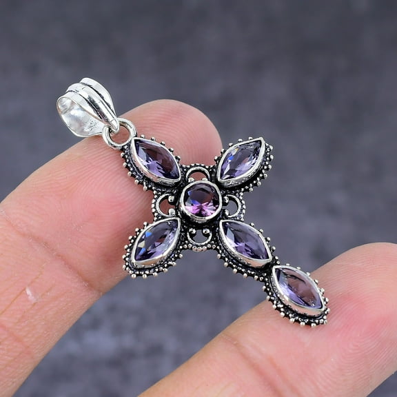Natural Amethyst Gemstone Handmade 925 Sterling Silver Cross Pendant 1.81"