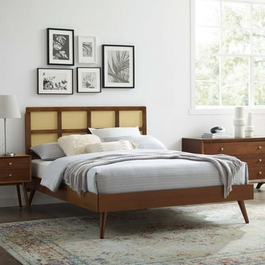 Modway Sidney Cane Rattan and Wood Queen Platform Bed with Splayed Legs - Walnut