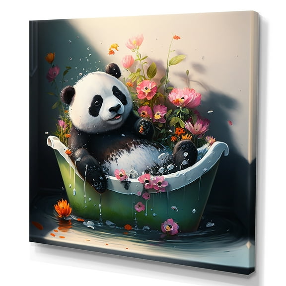 Designart Silly Panda Bathing With Blooming Flowers Canvas Wall Art