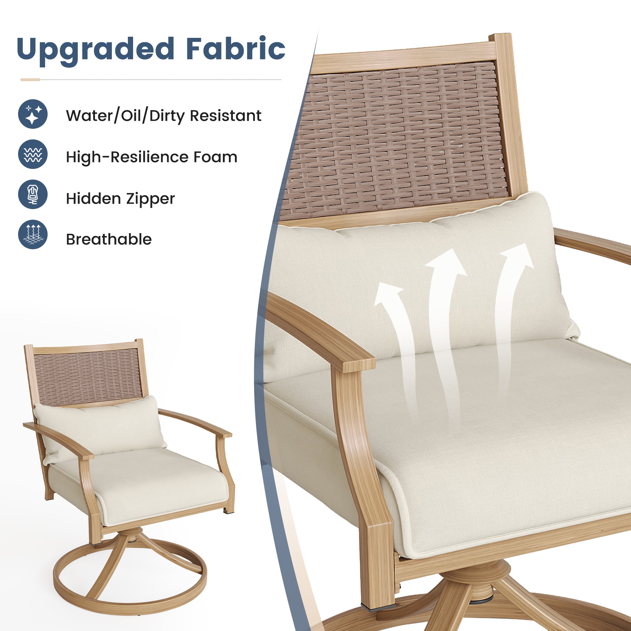 Poteban 3 Pieces Swivel Rocker Outdoor Chairs Set, Patio Dining Chairs with Beige Thickened Cushions&Glass Top Table, Wicker Patio Bistro Set for Garden, Backyard, Lawn, Porch