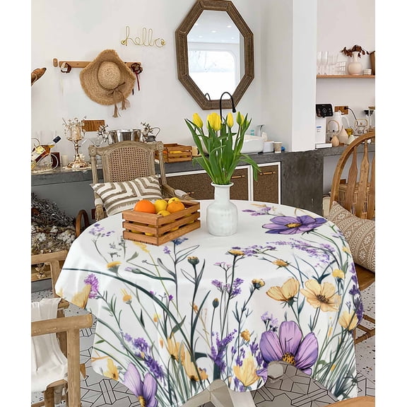 Purple Floral Spring Tablecloth Square Table Cloth 60x60 , Waterproof Tablecloth Outdoor Table Cloth, Watercolor Summer Botanical Washable Table Cover for Kitchen Dining Party