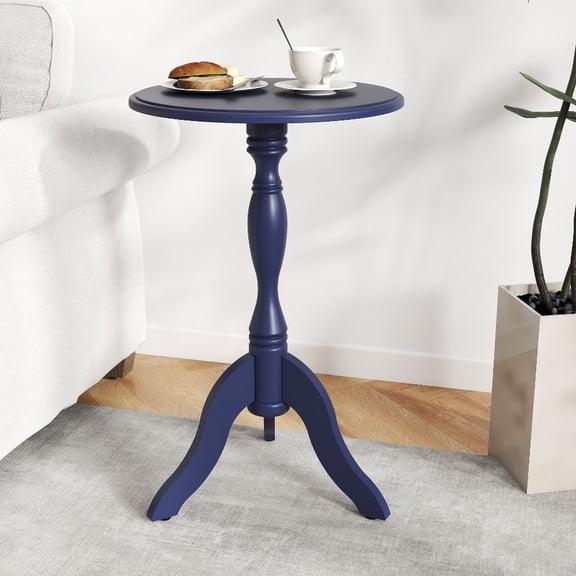 Navy Blue End Table for Living Room, Small Round Wooden Pedestal Side Table, Vintage Accent Nightstand for Bedroom, Entryway, Compact Drink Table.