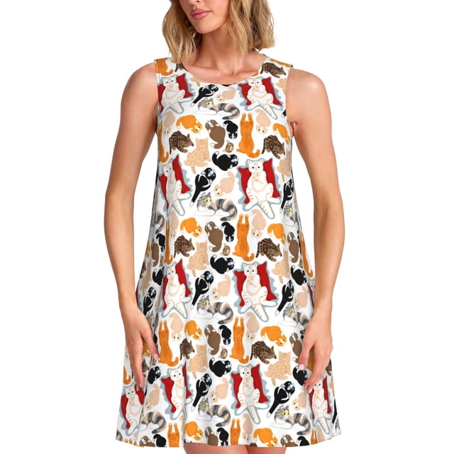 Easygdp Cute Cats para Vestido Transpirable de Mujer, Vestido Suelto de Manga Corta con Pliegues y Bolsillos para el Verano