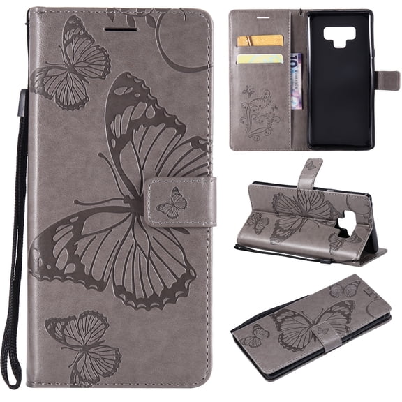 Note 9 Case, Samsung Galaxy Note 9 Case - Allytech Premium Wallet PU Leather with Fashion Embossed Floral Butterfly Magnetic Clasp Card Holders Flip Cover with Hand Strap, Gray