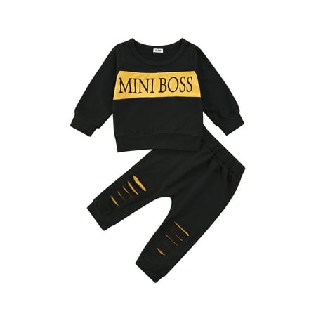 

Diconna Newborn Color Block Outfits Clothes Toddler Letter Pattern Sweatshirt Ripped Trousers 2pcs Clothing