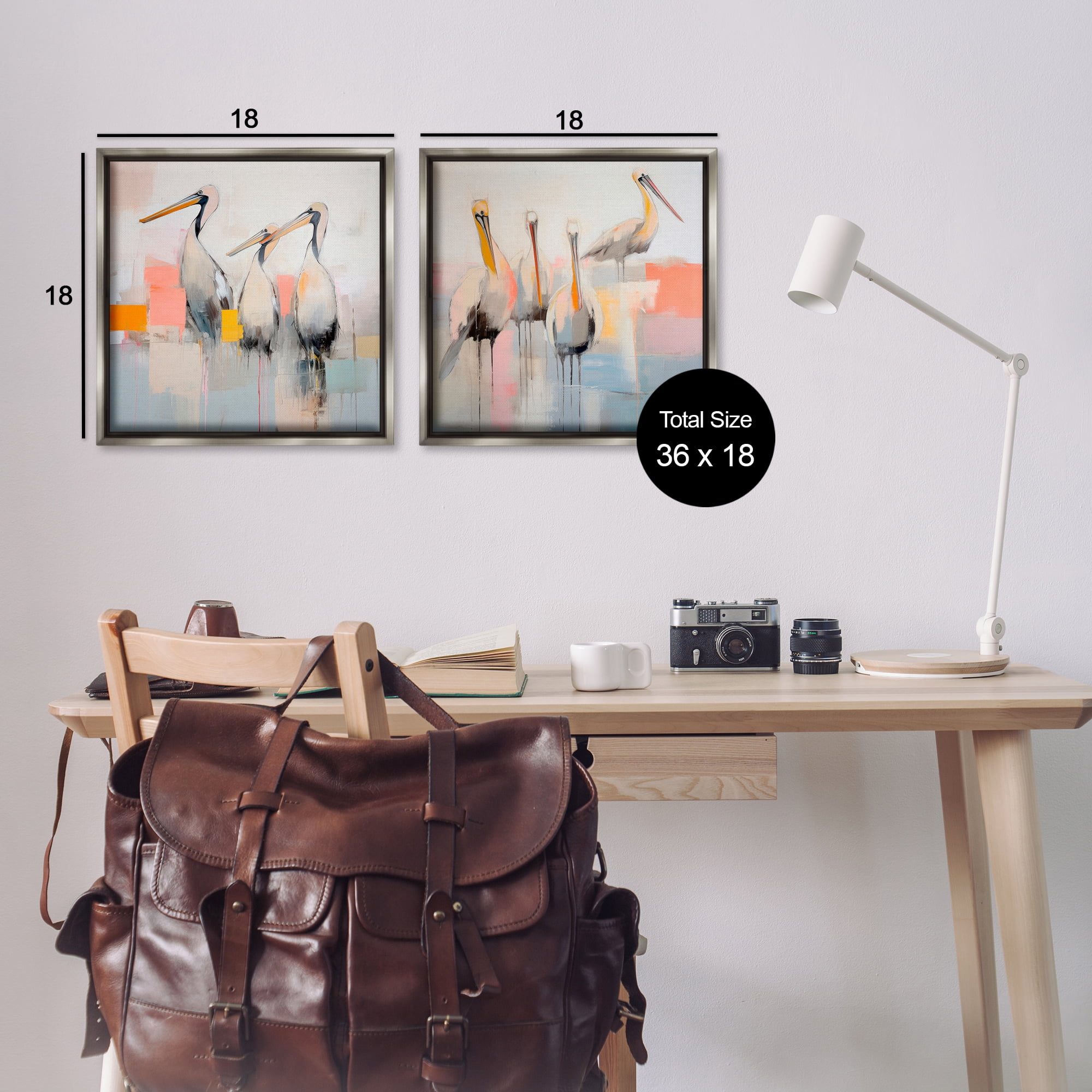 Stupell Industries Abstract Pelican Bird Animals Painting Gray Floater Framed Canvas Art Print Wall Art, 18 x 18, Set of 2