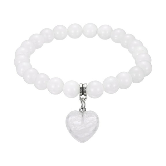 Crystal Bracelet for Women 8mm Natural Gemstone Heart Beaded Friendship Bracelet, 6.5Inch, White