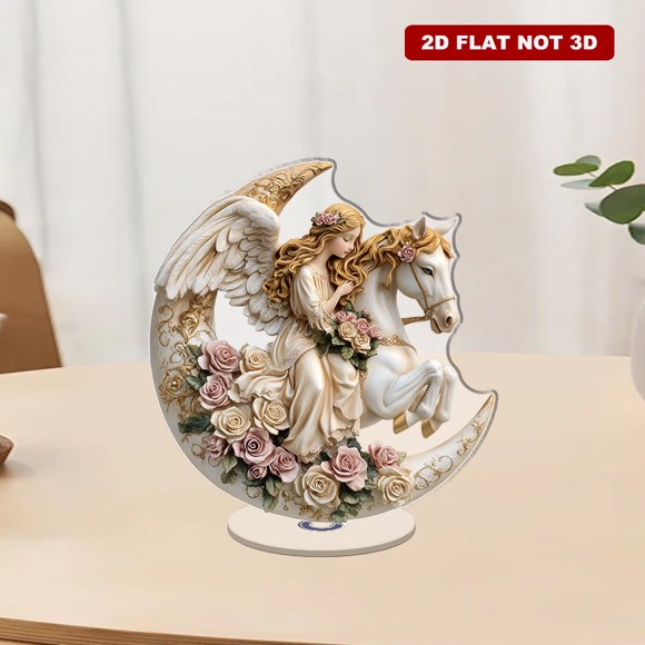 A rotating acrylic ornament featuring an angel on a crescent moon with roses and a white horse, capturing a romantic night sky essence