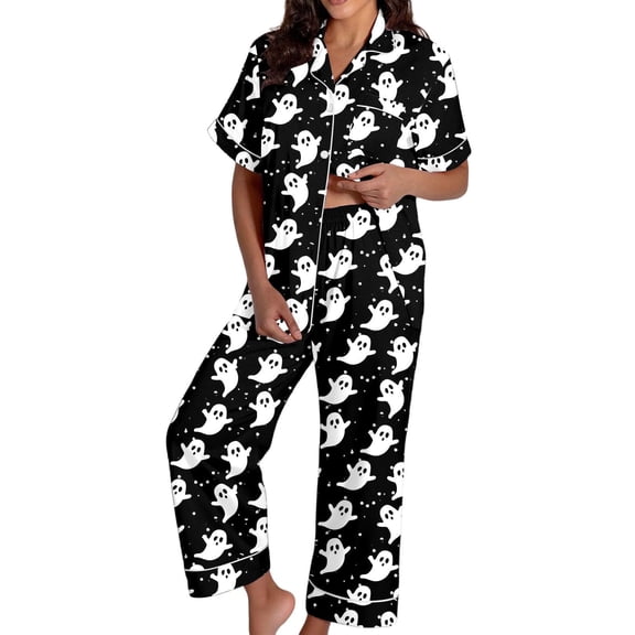 Gkeoshab Lounge Sets for Women Matte Satin Halloween Pajama Set Cute Ghost Print Button Short Sleeve Top & Wide Leg Long Pants Plus Size Friendly Festive Loungewear Comfortable 2 Piece Sleepwear