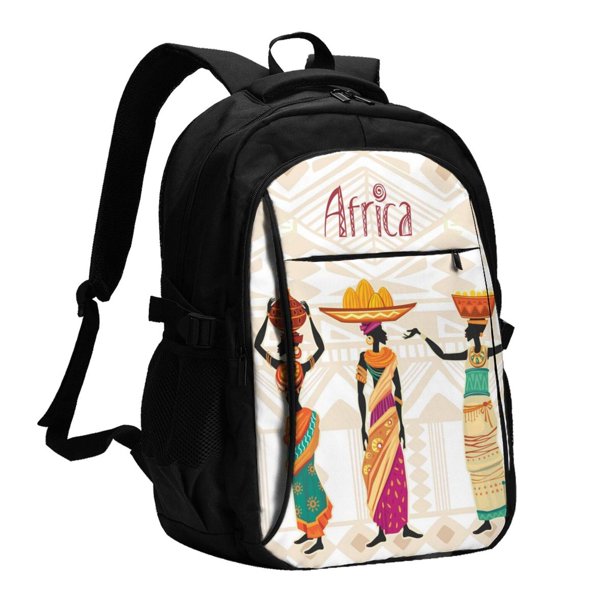 Balery Black African Woman Mochila con carga USB para hombre y mujer - Mochila impermeable y antirrobo para laptop con puerto USB para viajes, trabajo