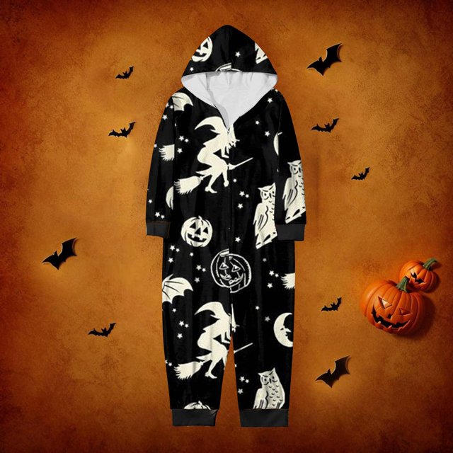 Family Halloween Pjs Matching Sets Halloween Print Long Sleeve Zippered One Piece Pajama Hooded Jumpsuit Winter Halloween Pjs Family Set