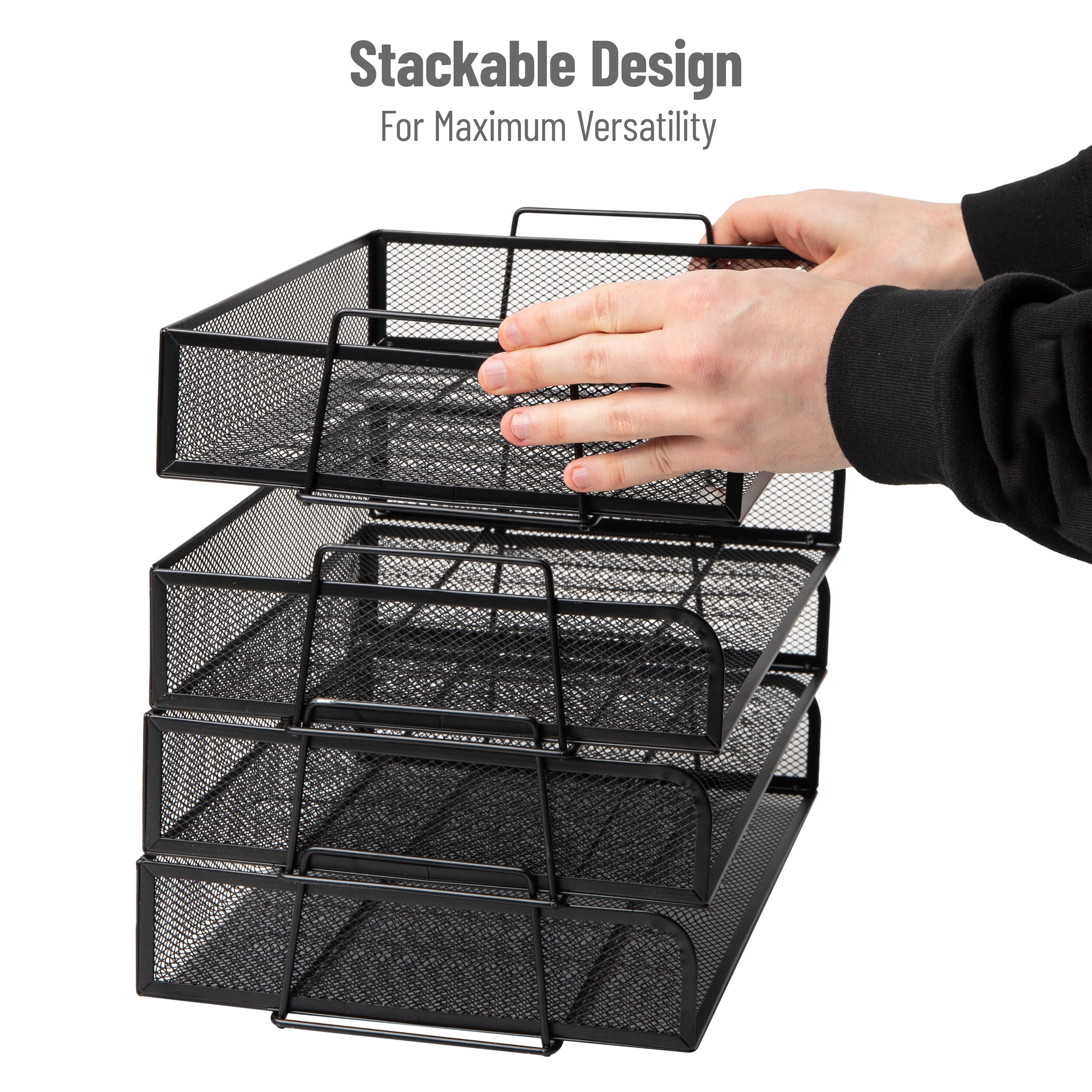 Mind Reader Stackable Paper Tray, Desktop Organizer, File Storage, Metal Mesh, 4 Piece, Black
