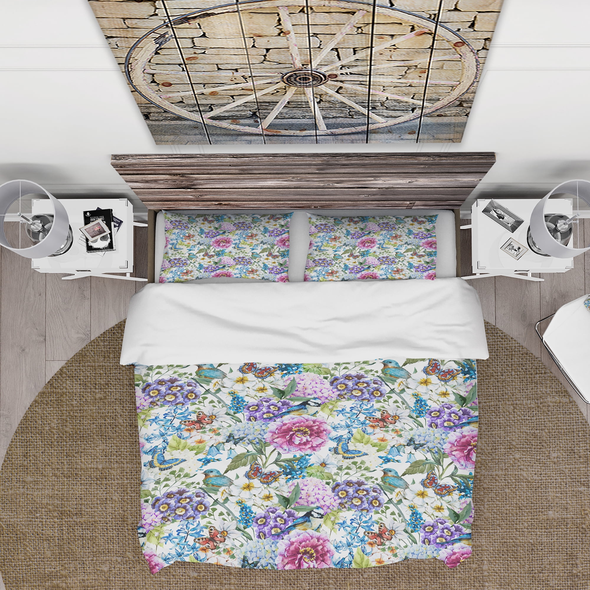 Designart 'Blue Bird And Blue and Purple Blossoming Flowers' Floral Duvet Cover Set