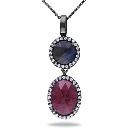 Tangelo 8-1/2 Carat T.G.W. Red and Blue Sapphire with CZ Black Rhodium-Plated Sterling Silver Halo Pendant, 16