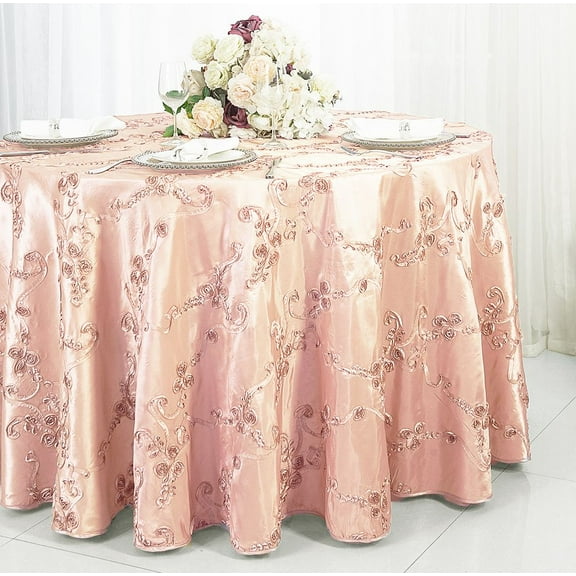 Wedding Linens Inc. 120" Round Seamless Ribbon Taffeta Tablecloth for Wedding, Luxury Events, Party use - Blush Pink