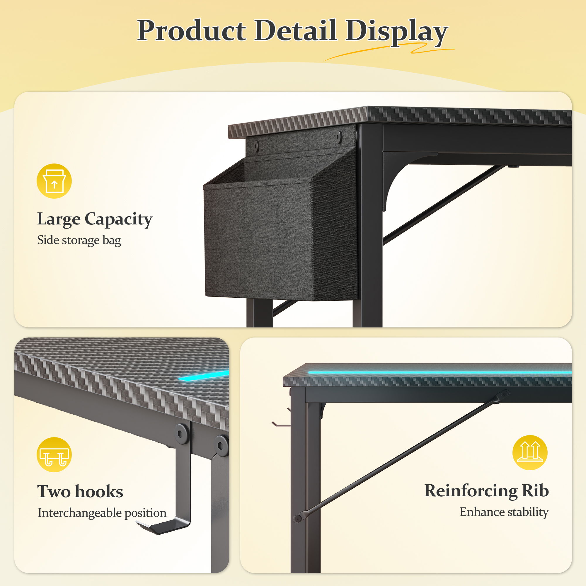 Romorgniz 39.4 inch LED RGB Gaming Desk, Sturdy Large Computer Workstation with 2 Headphone Hooks & Side Storage Bag, Home Office Desk, Black