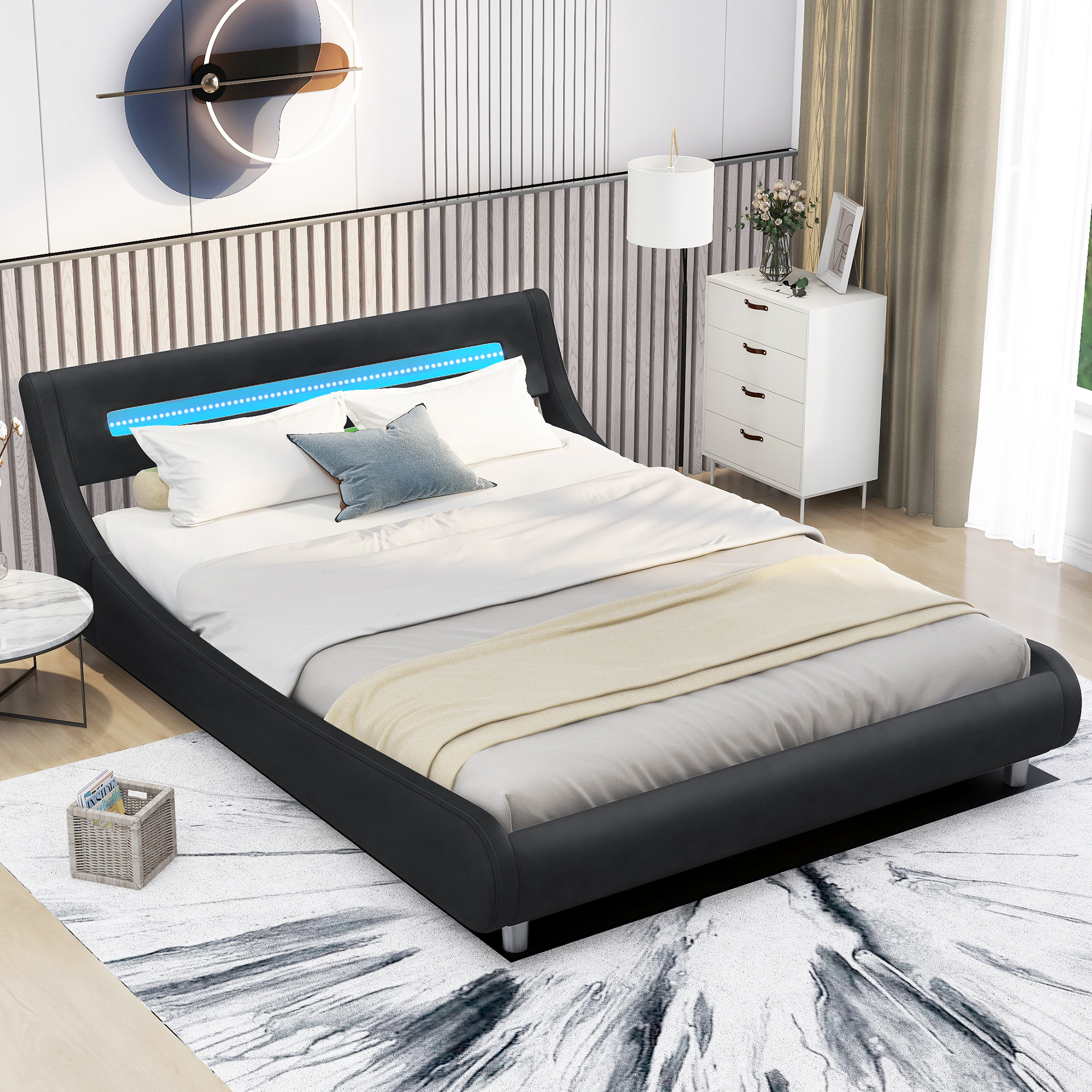 CAIKUITONRON Queen Size Low Profile Upholstered Platform Bed with LED