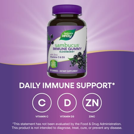 Nature's Way Sambucus Elderberry Immune Gummies, with Vitamins C, D3, & Zinc, Unisex, 60 Ct