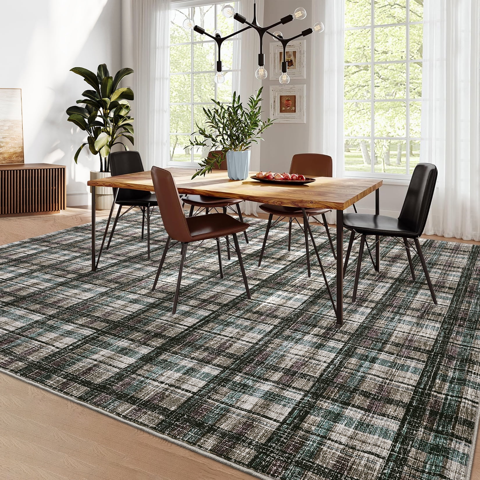 FairOnly 8'x10'Modern Geometric Plaid Non Slip Area Rug British Style Machine Washable Soft Non Shedding Rug for Living Room Bedroom,Brown