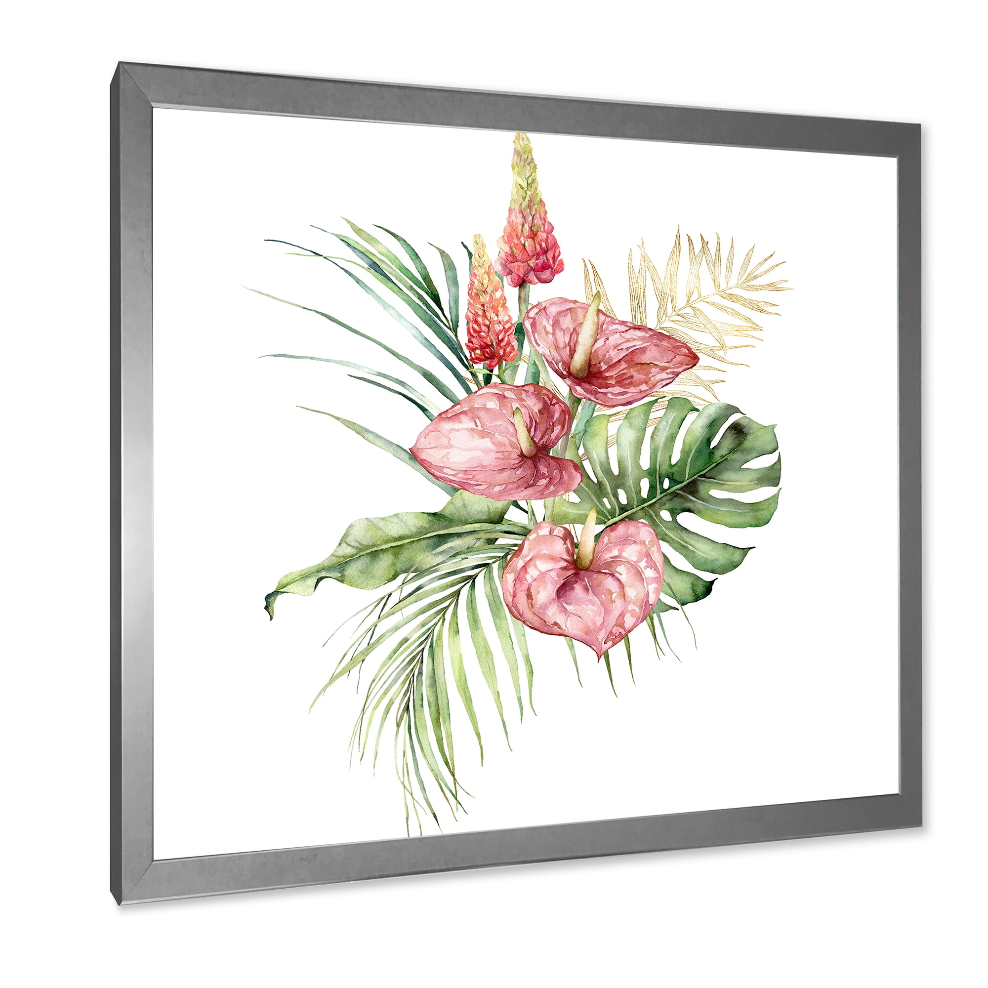 Designart 'Tropical Bouquet With Anthurium Lupine and Leaves On White I' Traditional Framed Art Print