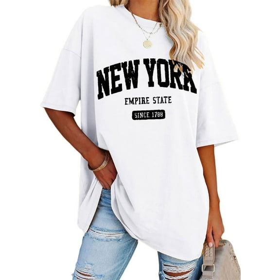 TIANZEN Women's Sweatshirt Summer Half Sleeved Long Shirt Vintage New York Letter Print Casual Fashion T Shirt Long Fitted Shirts for Women Turtle Necks for Womens Long Sleeve Pack Long Sleeve Tee