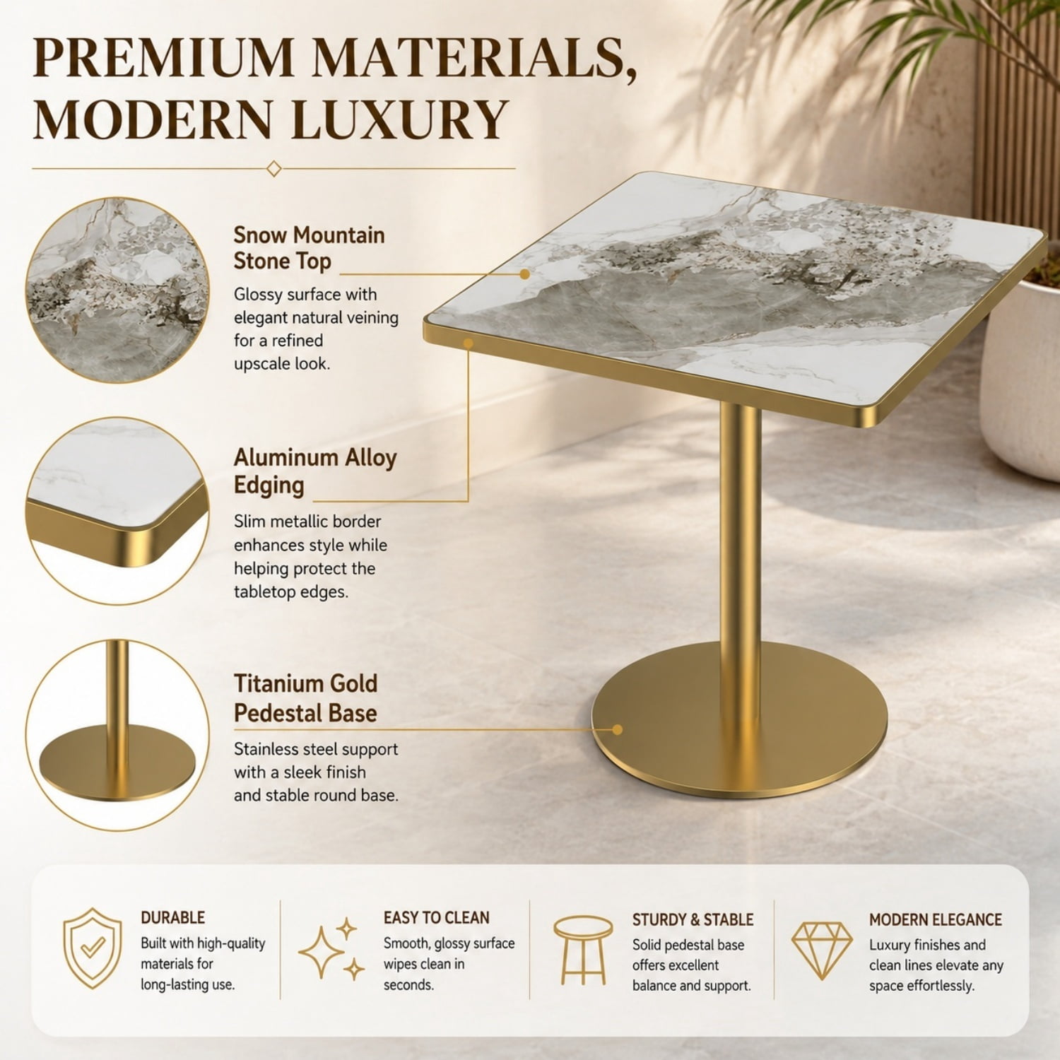 Miniyam 31.5 in Square Dining Table, Glossy Marble-Look Small Kitchen Table with Titanium Gold Feet, Cloud Gray Vein